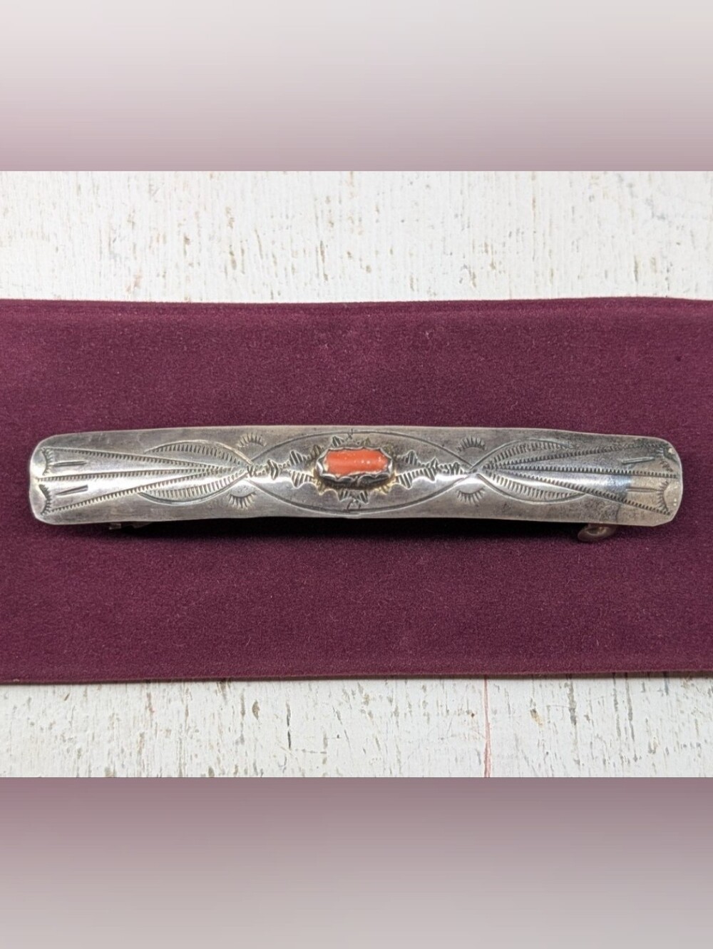Vtg Navajo Hand Stamped Sterling Silver Coral Barrette Unmarked Native American